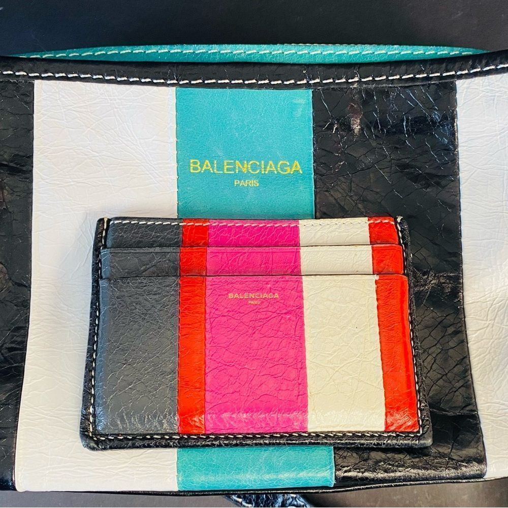 Balenciaga Authentic Bazar Collection Multi Color Striped Leather Card Case